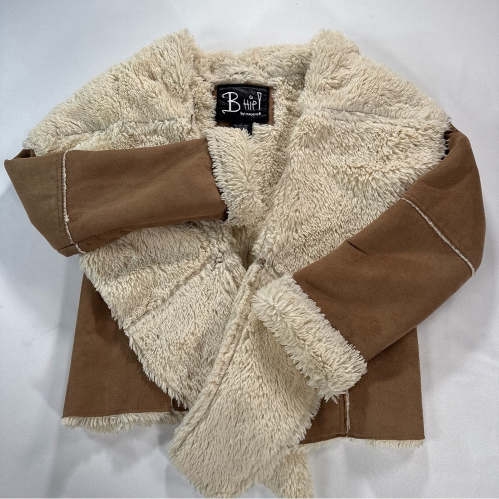 B Hip Waterfall Boho Vegan Faux Suede Sherpa Ruffle Front Jacket Beige SZ Small